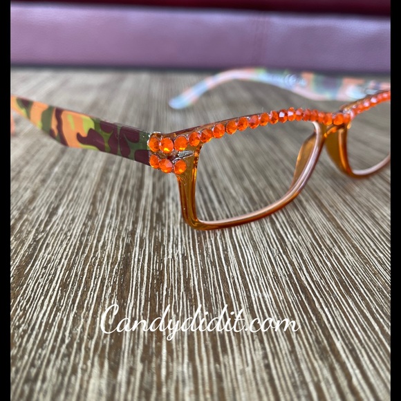 Translucent Orange Camo W/Orange Crystals Bling Reader Glasses With Case - Picture 5 of 11